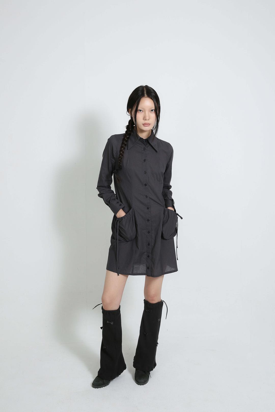 스트라이프 리본 포켓 셔츠 드레스 (그레이) | 루앱