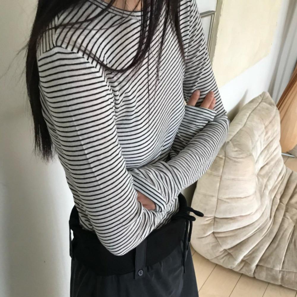 (화이트당일) weare 위아 올리버 스트라이프 무지 긴팔 티셔츠