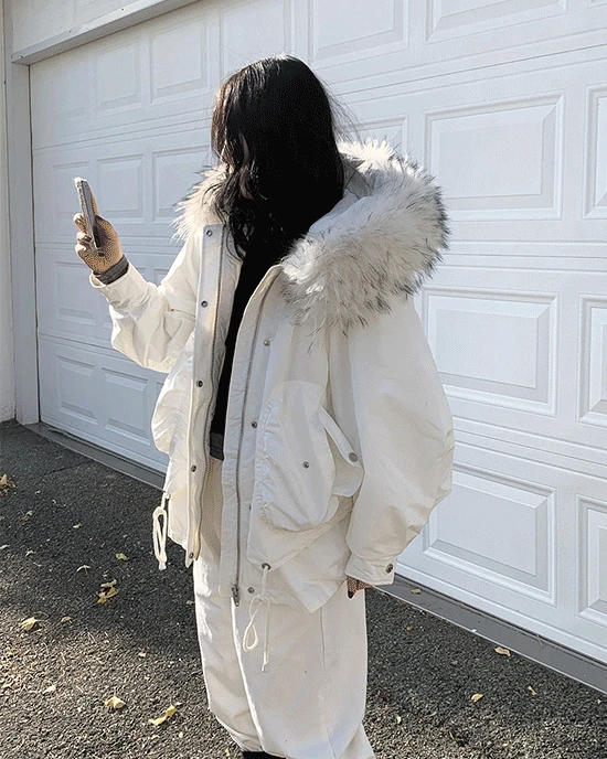 패딩 안감⛄ 후드 퍼 탈부착 오버핏 하프 야상 패딩 점퍼(white)