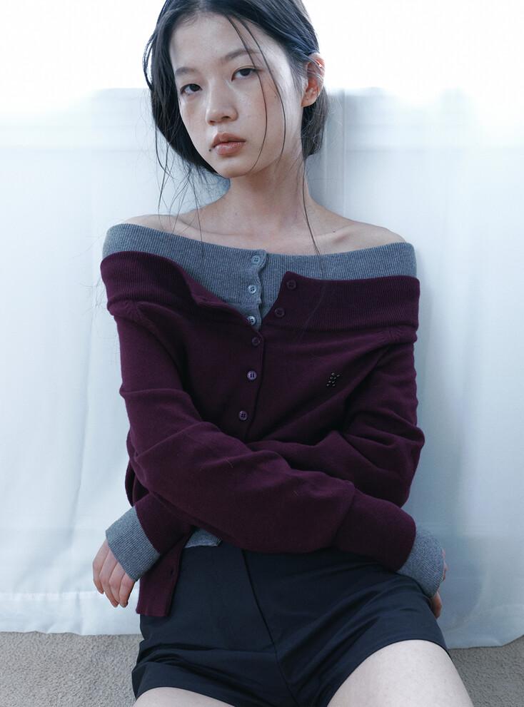 CASHMERE OFF-SHOULDER CARDIGAN (PURPLE)