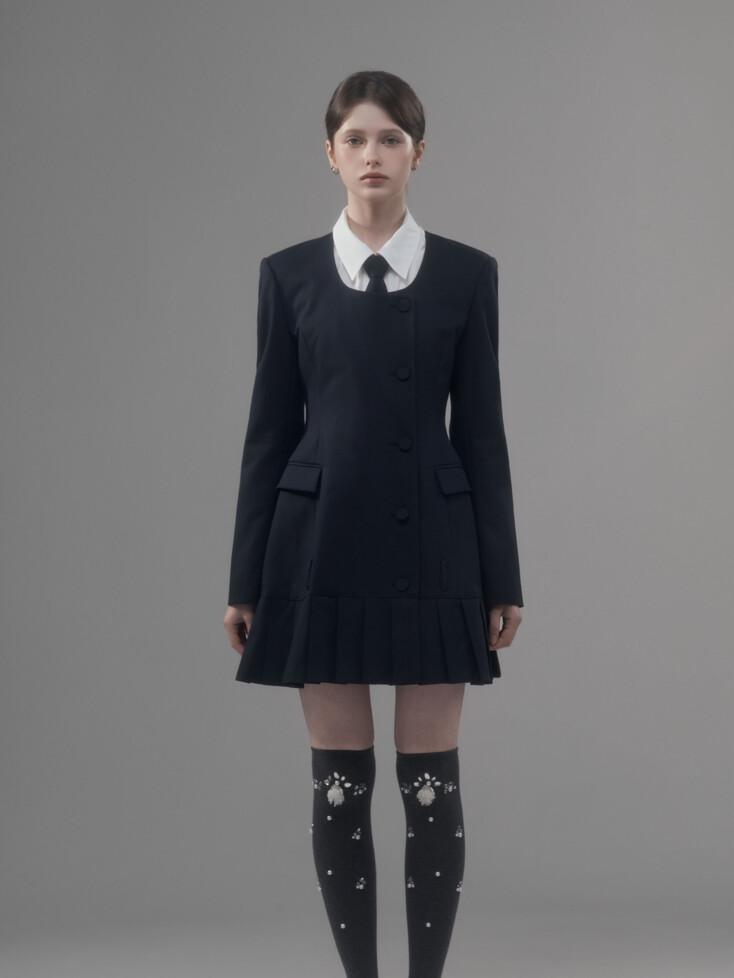 Jenn Round Neck Pleated Suit Jacket Dress - Navy