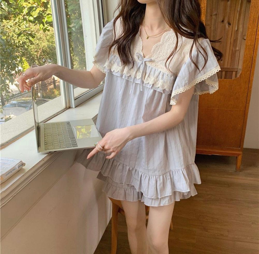 라벨르오브 면 프릴 리본 레이스 블루 그레이 홈웨어 파자마 잠옷 상하의세트