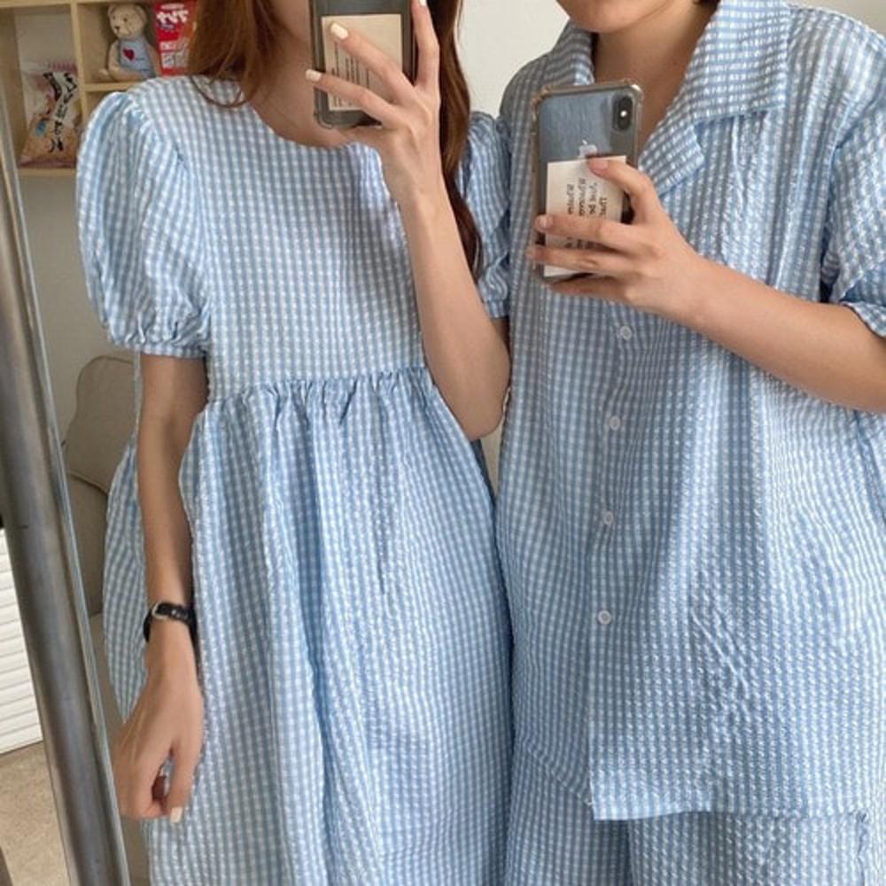 베이비블루 체크커플잠옷 커플파자마 신혼 홈웨어