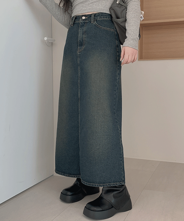 #11005, 빈티지 A라인 워싱 데님 난스판 맥시 롱스커트 : 진청 1color / S~L