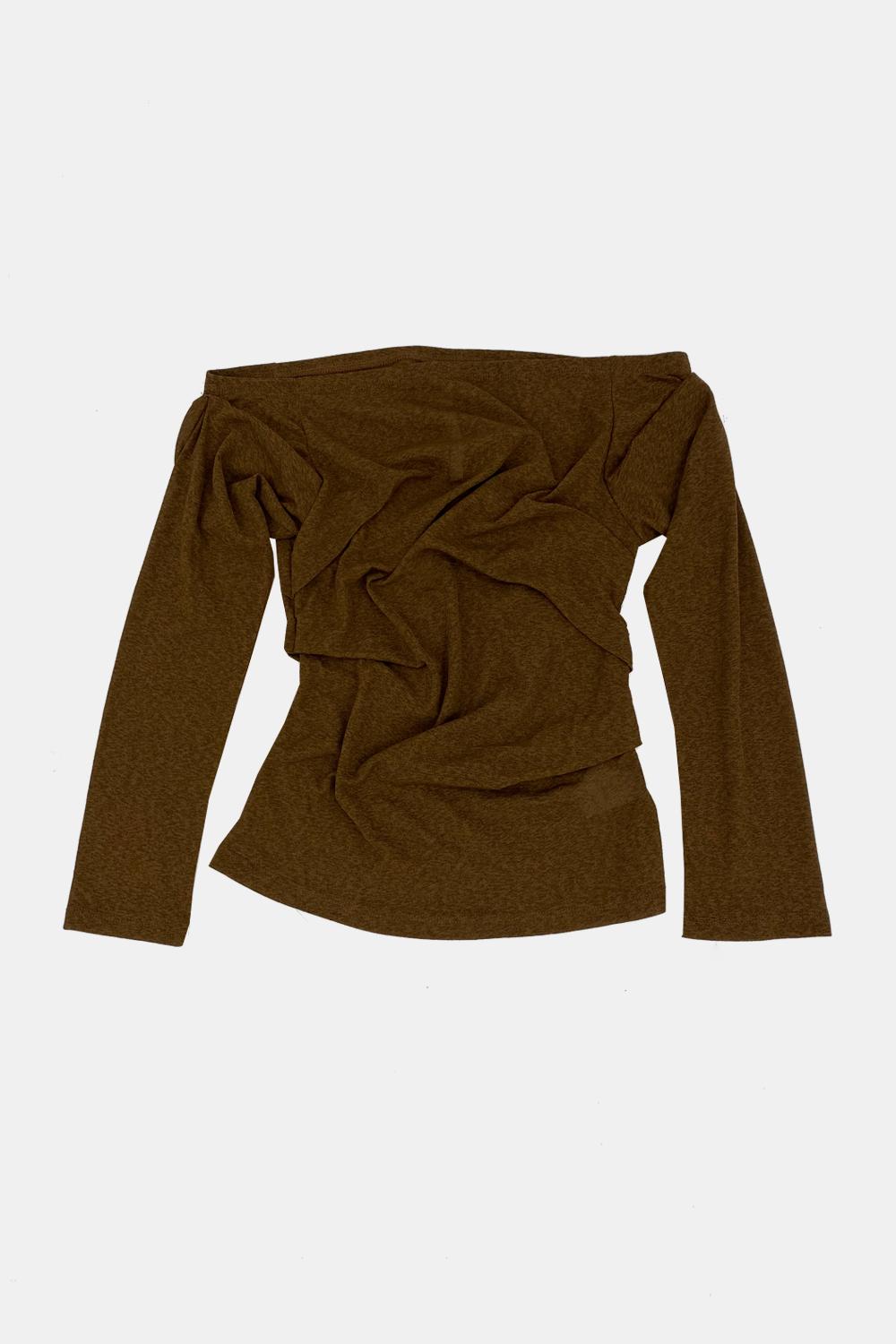 Draping off-shoulder top (3/4 sleeve, Brown)