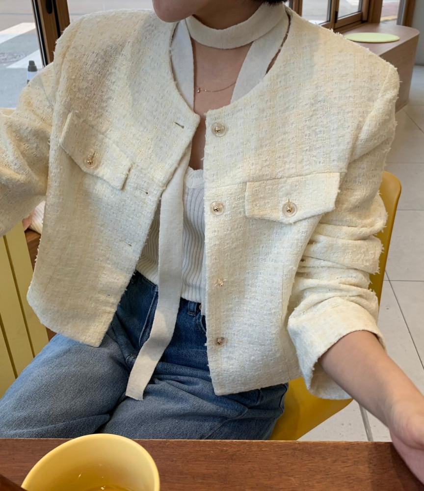 (당일) 24SS 유니즈 타르트 체크 트위드 자켓 / 노카라 트위드 자켓