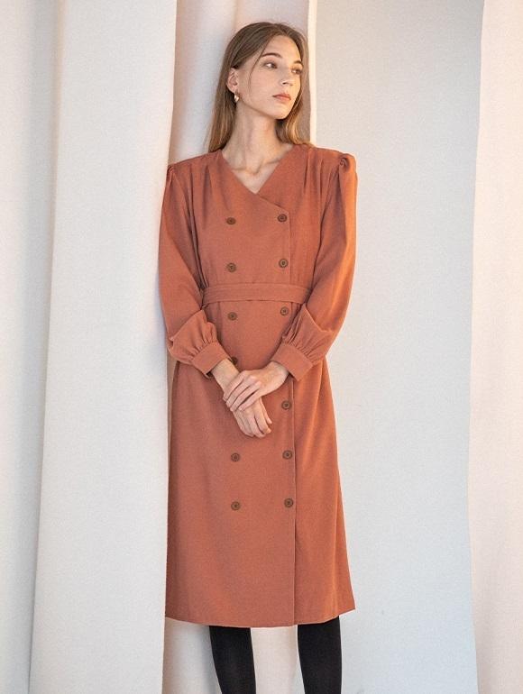 [15% 쿠폰][~77사이즈]더블 브레스티드 벨티드 원피스(CX9OPF5)