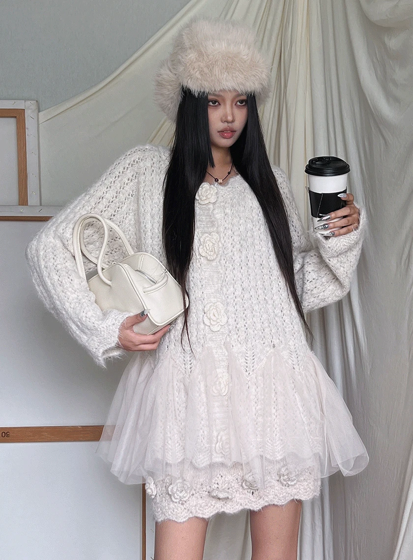 빅플라워 버튼 망사프릴 니트 가디건