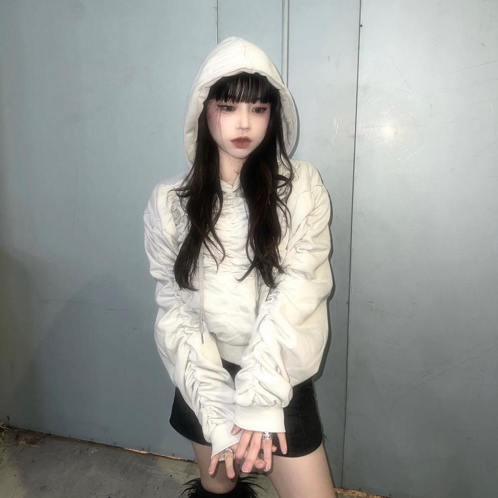 [히니츠키] 기모 셔링 크롭 후드티