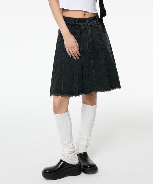 [8214] 데님 미디 플리츠 스커트 (블랙)