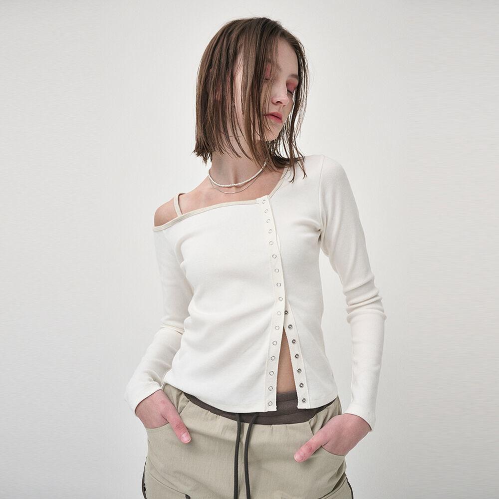One Off Shoulder Snap T-Shirt, Ivory