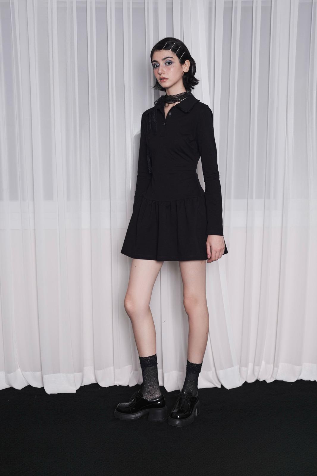 코튼) lace collar button dress-black