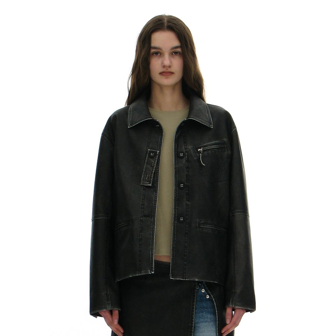 WASHED LEATHER BUTTON-UP CAR COAT_BLACK