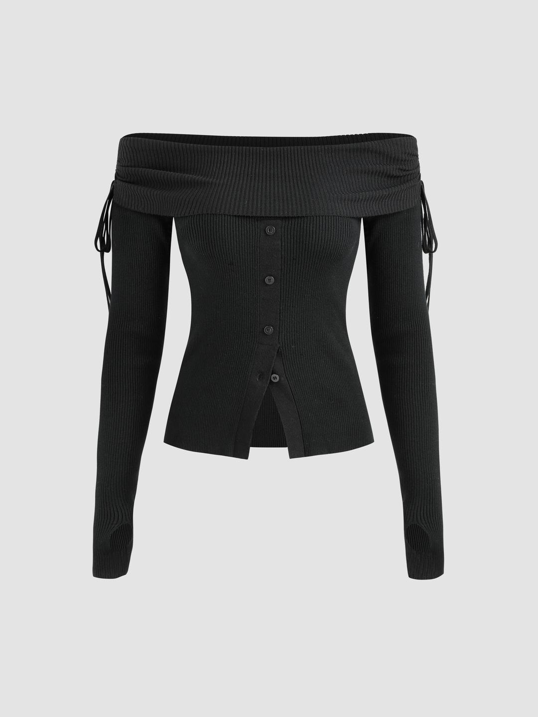 Off-shoulder Button Up Knitted Top