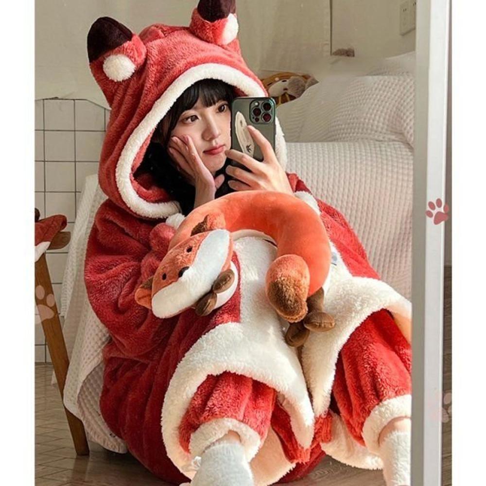 레드여우 잠옷 여자 가을 겨울 벨벳 두꺼운 후드 동물잠옷