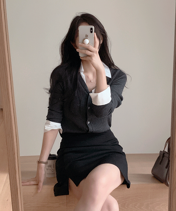 퍼빗 폴엠 레이어드 셔츠배색 니트 가디건 - 4color