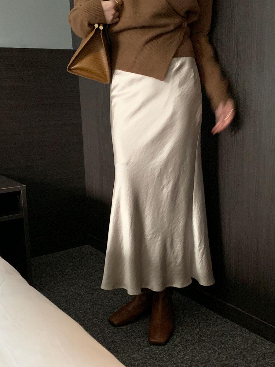 샤린 글로시 실크 새틴 머메이드 롱 스커트 5color