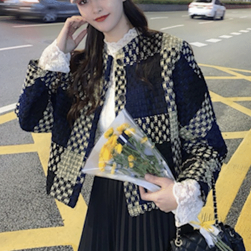 [겨울자켓/겨울신상]트위드 숏자켓 가을 겨울 체크코트 네이비 블랙 세미 크롭 아우터