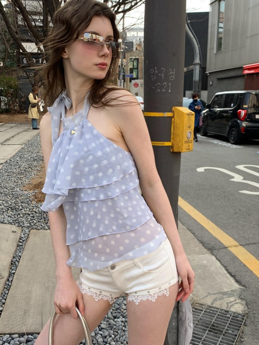 Omnivorous Universe Polka Ruffle Halter Top