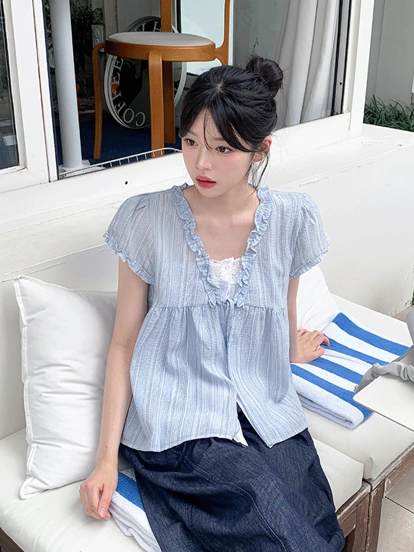 소이 리본 레이어드 반팔 블라우스 (2color)