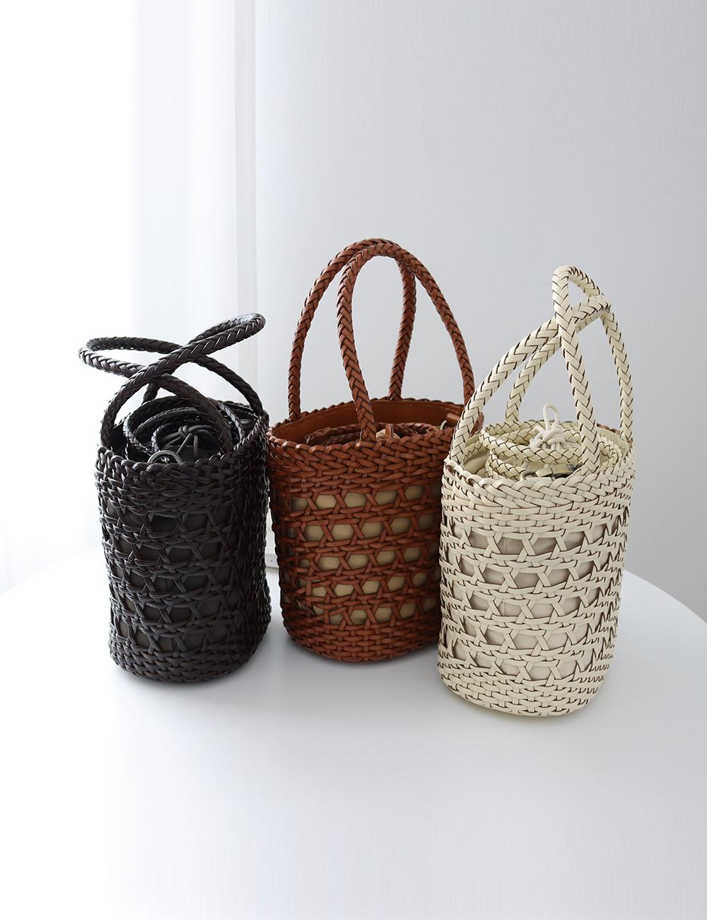 [S,L] 카카 소가죽 원통 토트 드래곤백 버킷 쇼퍼 위빙 라탄 여름 왕골 크로스 가방 we4032