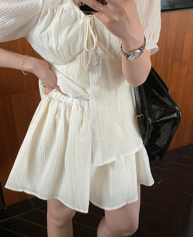 오호 [투피스]플레어 밴딩 여름 반바지 플리츠 핀턱 하프 팬츠 스트라이프 링클 주름 플리츠팬츠 결혼식 하객룩 데이트룩 여행룩 휴가룩