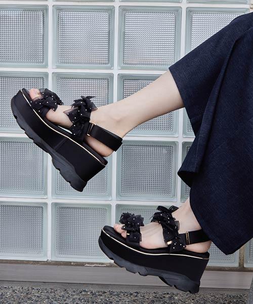 シアーミニリボンウェッジスポーツサンダル