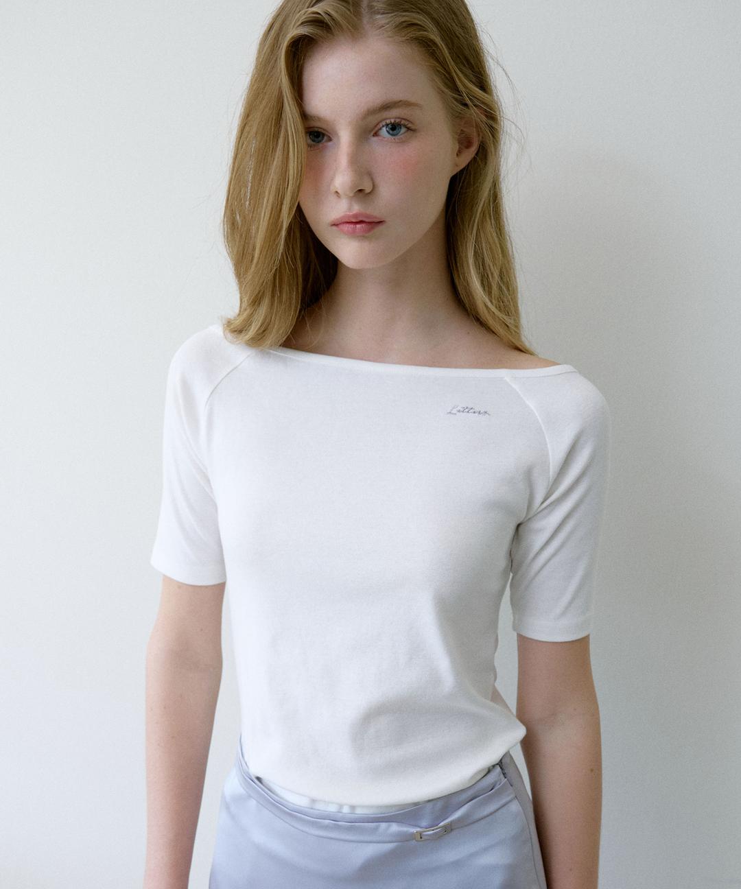 Letters Semi Off-Shoulder Elbow Sleeve T-Shirt (Ivory)