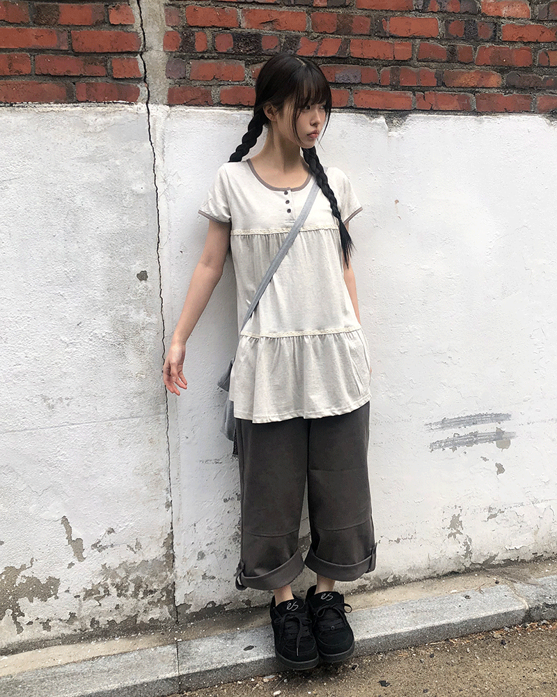 원더원더 [여름🌳/빈티지🤎] 쥬온 셔링 버튼 루즈핏 헨리넥 반팔 티셔츠