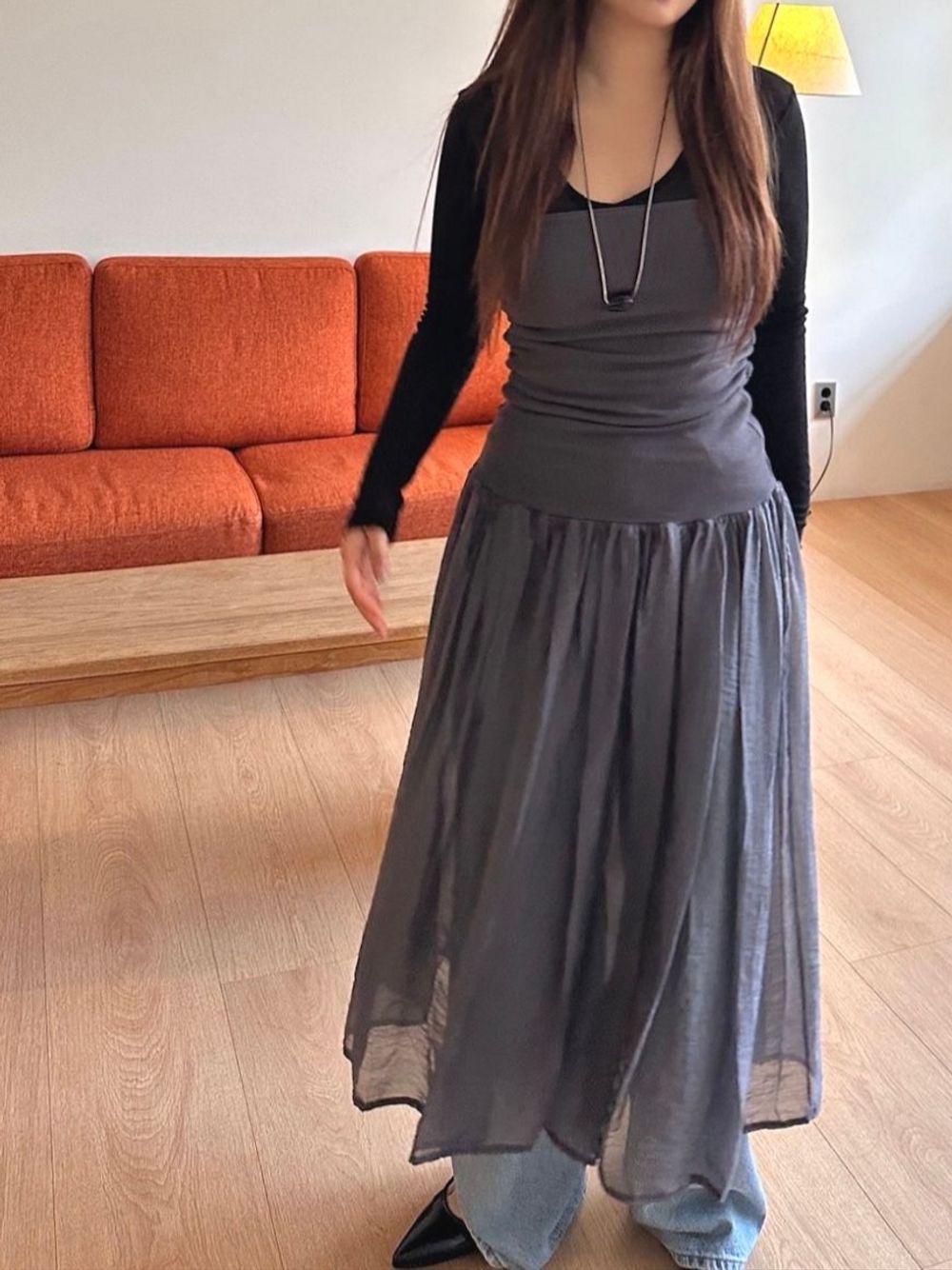 쉬폰 시스루 셔링 레이어드 원피스