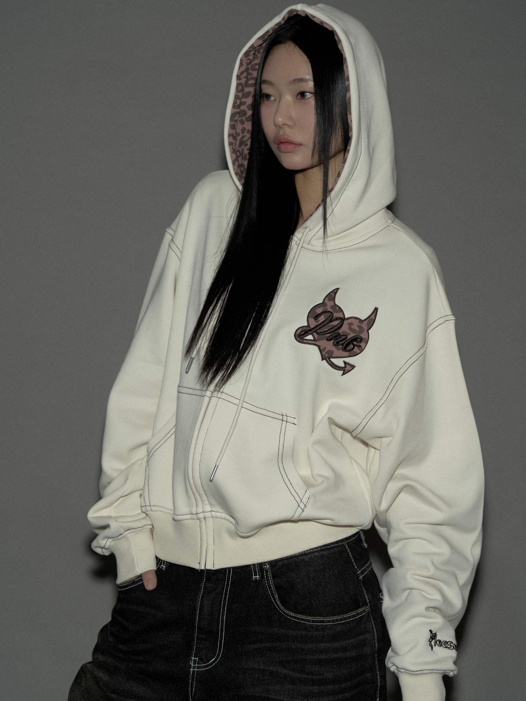 Leopard Heart Logo Hoodie Zip-Up