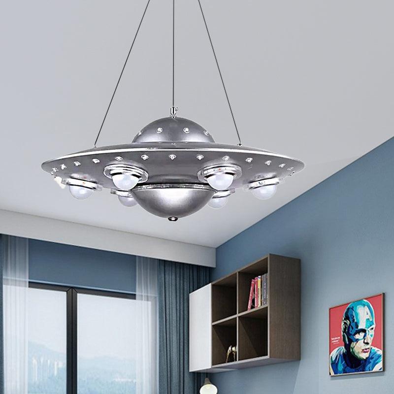 Metal UFO Pendant Light Six Lights Creative Suspension Light in Silver for Boys Bedroom - Silver