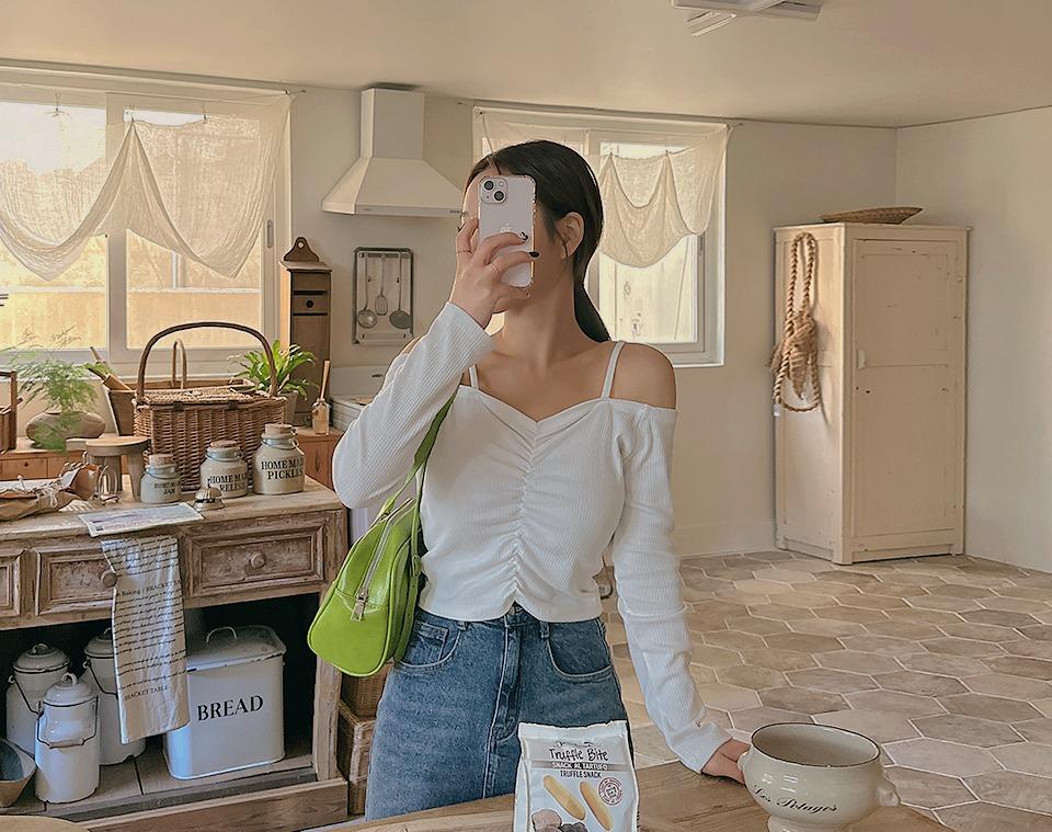 링모얼 스판 셔링 오프숄더 크롭 나시 티셔츠