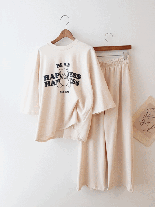 HAPPINESS BEAR SET/ 귀여운 곰돌이 베어 프린트 루즈핏 티셔츠 밴딩 와이드팬츠 통바지 데일리 홈웨어 잠옷 파자마 트레이닝복 추리닝 세트