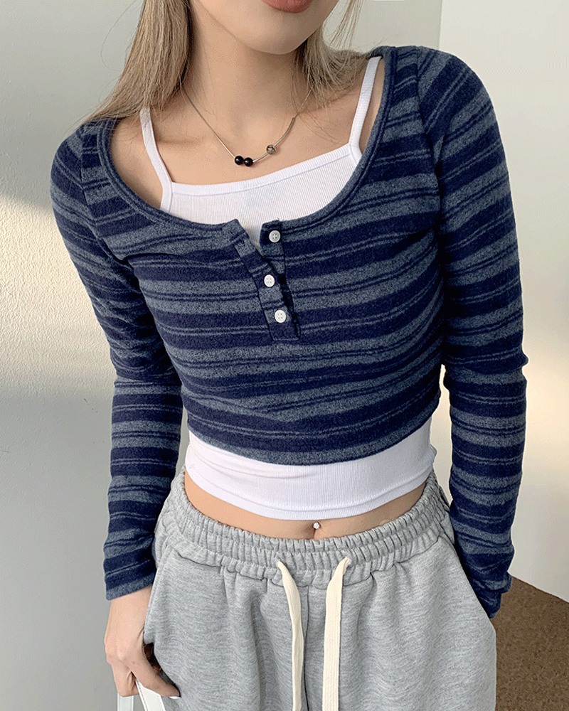 해브 스트라이프 U넥 크롭 단추 긴팔 티셔츠