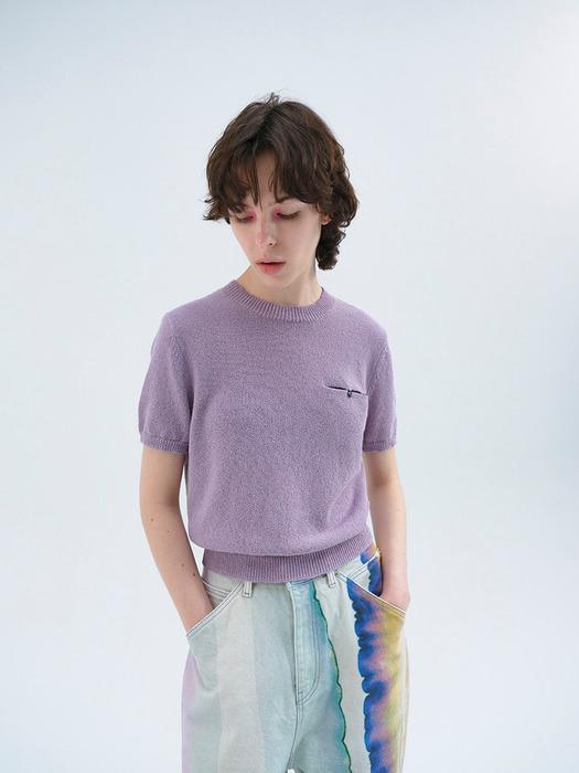 Back Button Slit Short Sleeve Knit_LV