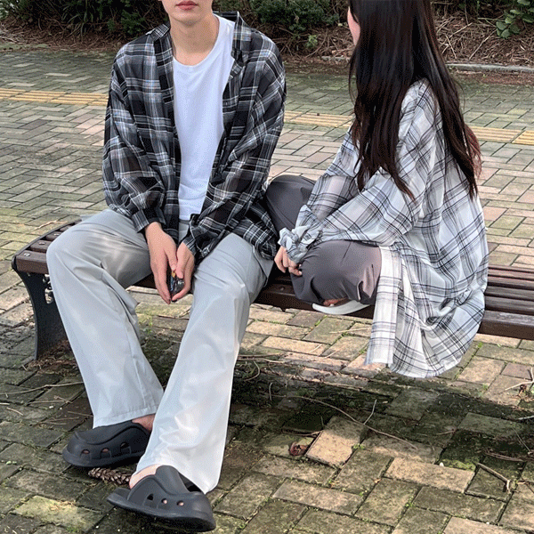 (1+1)에이스 시스루 체크 오버핏 퍼프 셔츠
