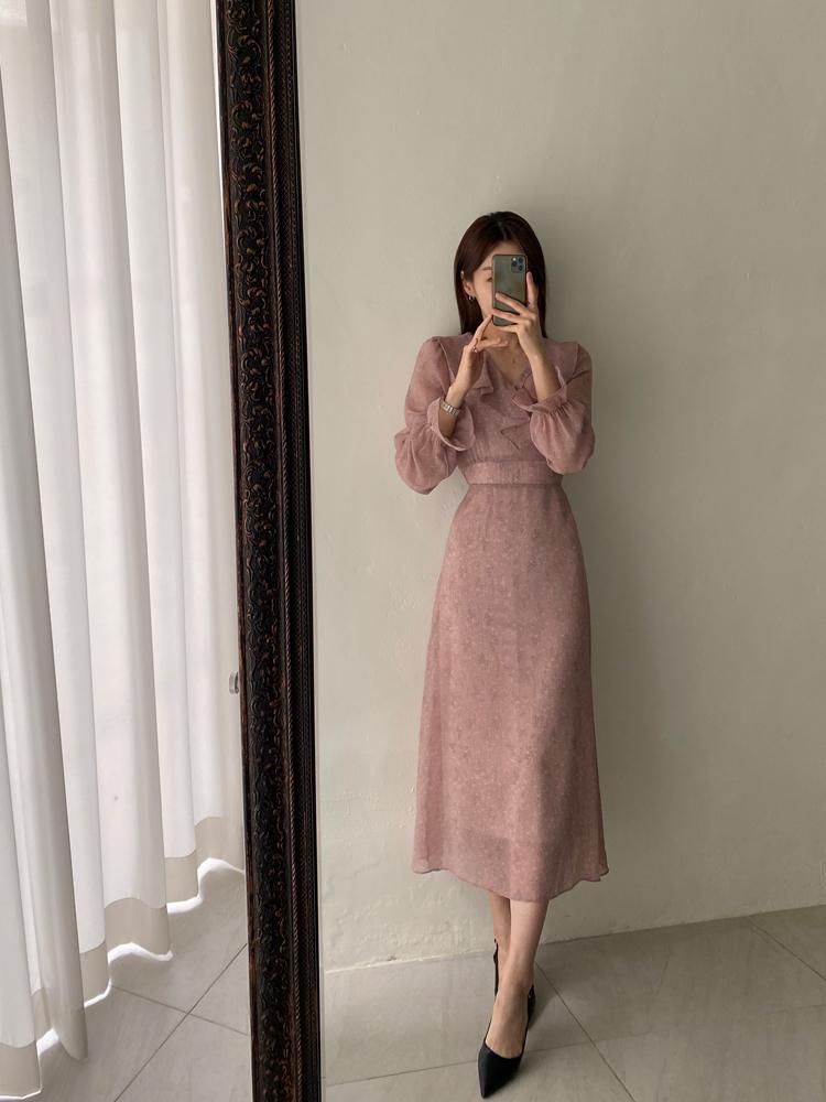 러플 프릴카라 브이넥 플라워 쉬폰 롱원피스