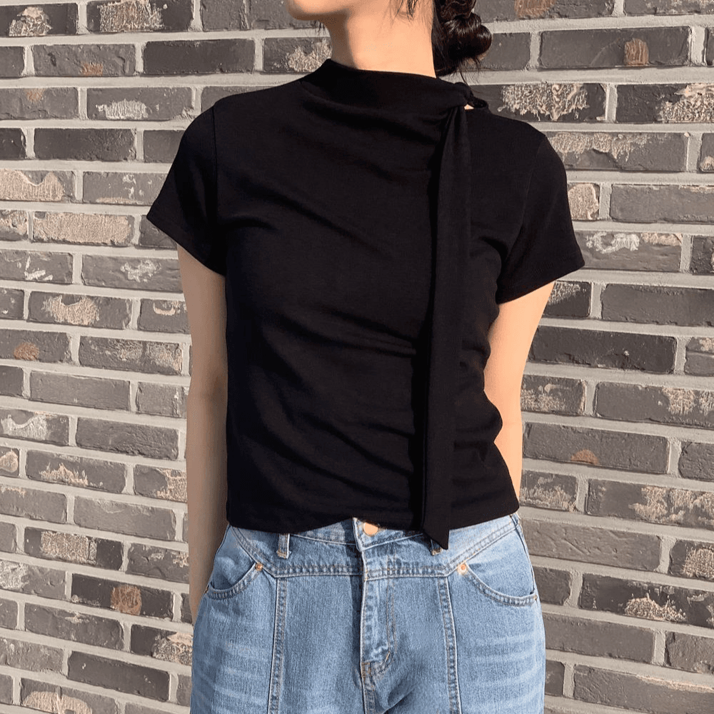 우누 [당일발송] 타이 하프 티 (3 color) 스카프 리본 머플러 반 폴라 반팔 무지 면 코튼 크롭 티셔츠 하객룩 출근룩