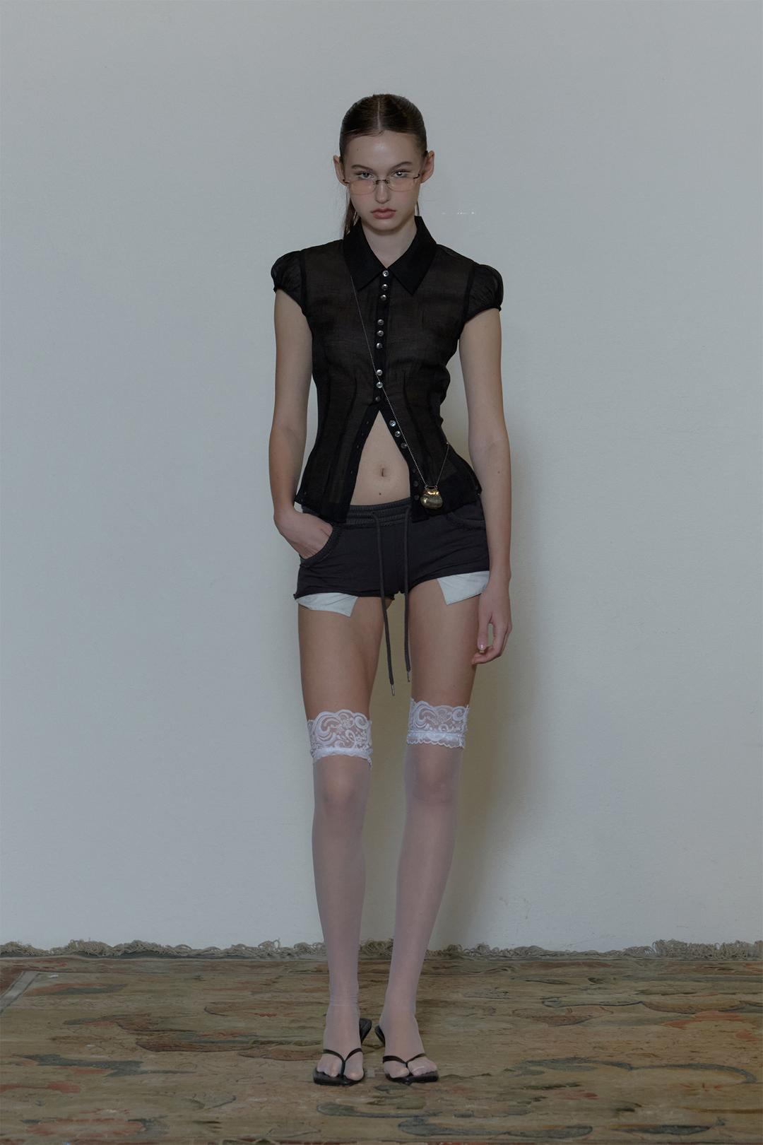 Sheer Pleated Hem Blouse Black