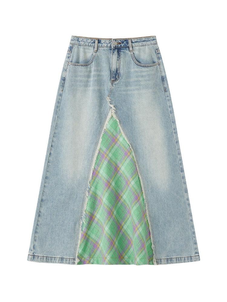 Front Slit Denim Checked A-Line Skirt【s0000011905】
