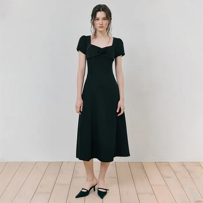 Heart Neck Ribbon Dress, Black