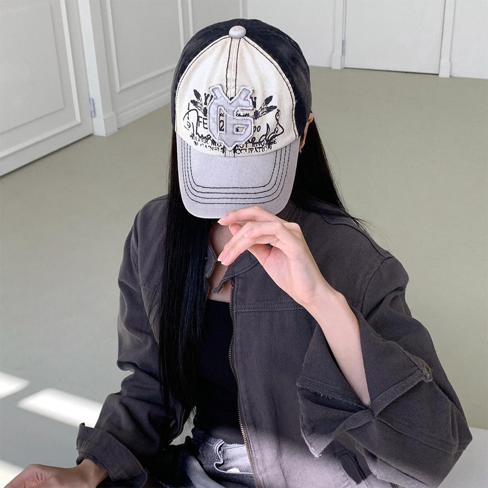 비마이뮤즈 [Y2K] 브루디 빈티지 워싱 힙한 배색 스티치 데님 레터링 자수 패치 볼캡 모자