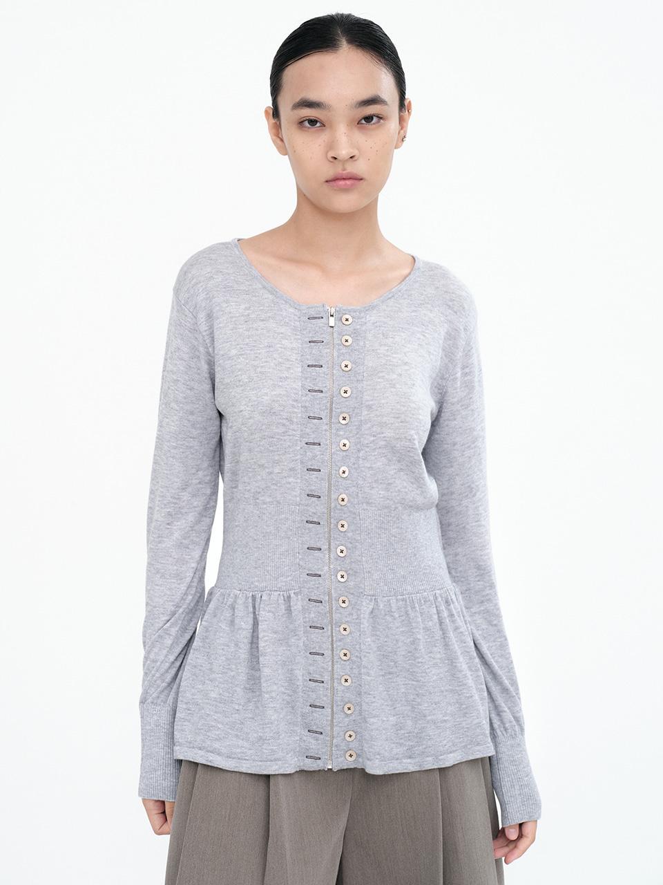 Fake Button Zip-Up Cardigan [Gray]
