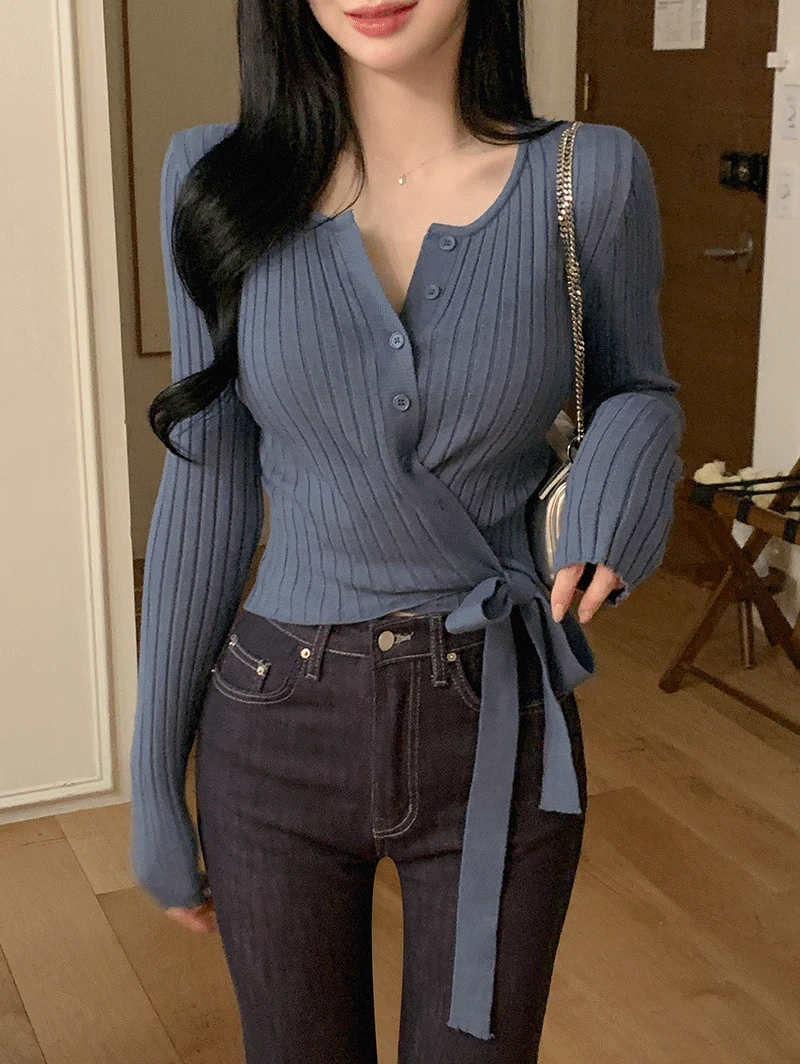 [데일리/꾸안꾸] 퓨어리 와이넥 리본 골지 니트가디건