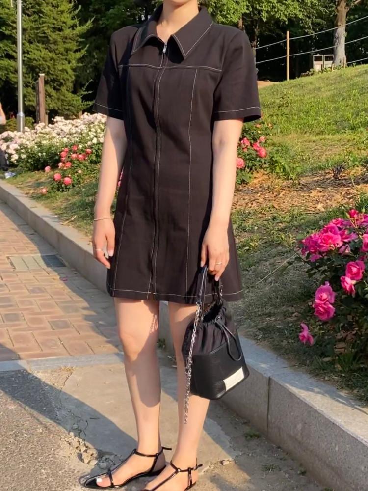 레이미 스티치 카라 지퍼 원피스 2 color