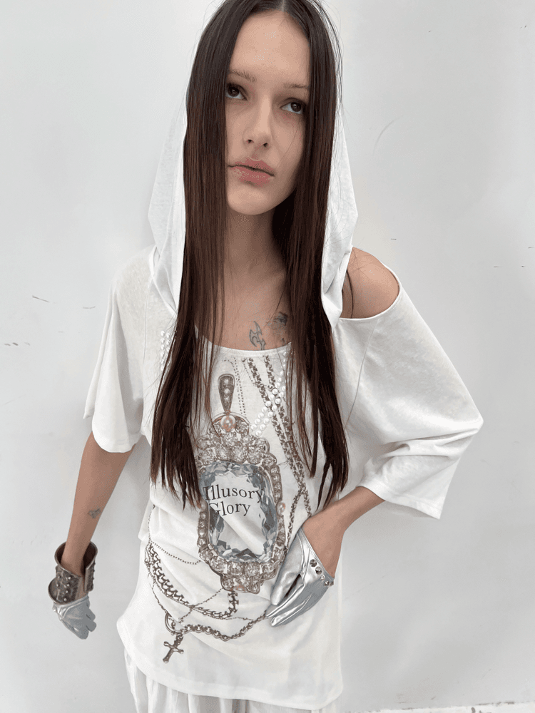 Double Punch Loose-fit hooded retro rhinestone short sleeve