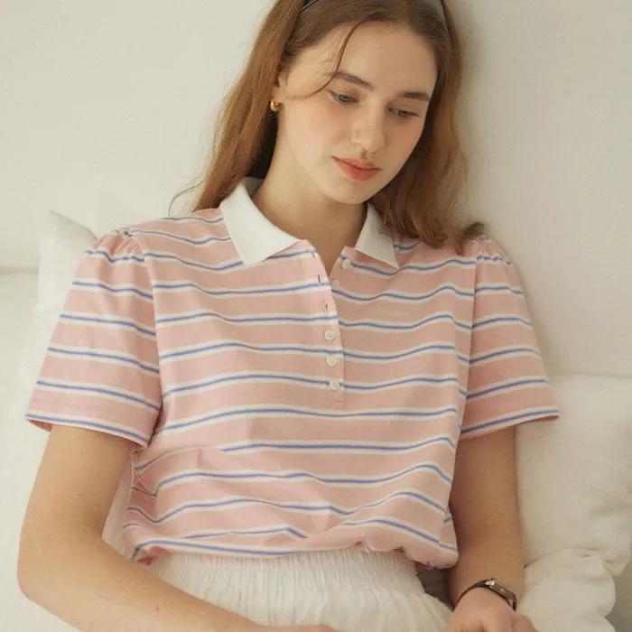 Stripe Shirring Pique T-Shirt - Pink