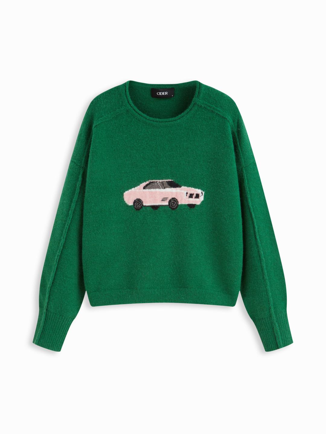 Knit Car Pattern Round Neck Side Split Sweater