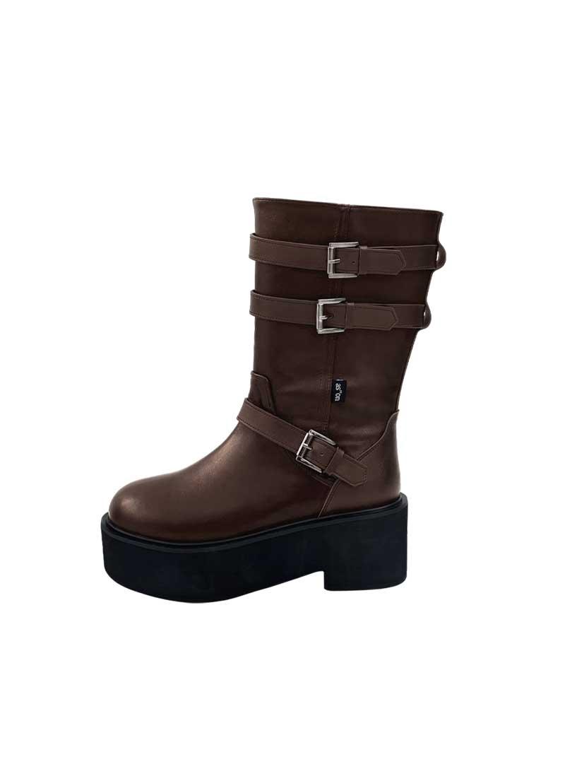 MAYA MIDI BUCKLE BOOTS / BROWN